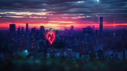 Poster - Futuristic city skyline with glowing pulse and digital overlays in vibrant orange and blue tones, symbolizing technology and data