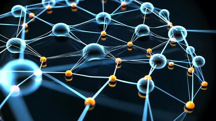 Global Network Interconnected spheres on dark background, illustrating complex systems and connections