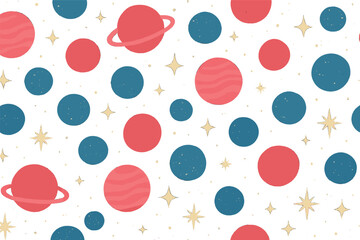 Whimsical space pattern featuring red planets and blue stars