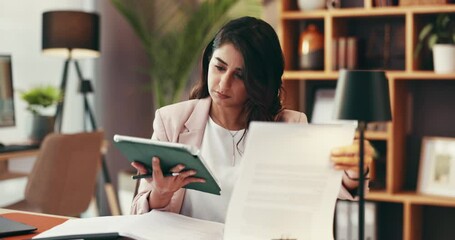 Aufkleber - Reading, tablet and documents with woman in home office for virtual assistant, paperwork and networking. Feedback, administration and proposal schedule with person for information and research