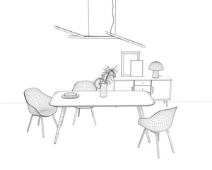 Poster - A white table with a vase of flowers on it and two chairs. The chairs are placed in front of the table