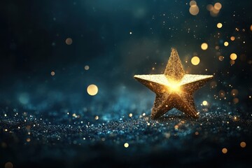 Poster - Sparkling golden star shines brightly on a bed of shimmering particles in the dark