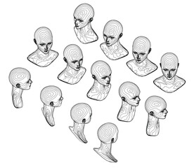 Poster - A series of drawings of heads with the first one being the leftmost. The drawings are all in black and white. Isometric view