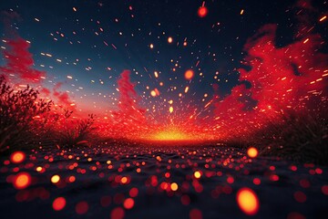 Wall Mural - glowing red sparks and fiery orange particles abstract background in night sky