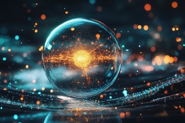 Poster - Colorful orb with glowing particles and light reflections in dark surroundings
