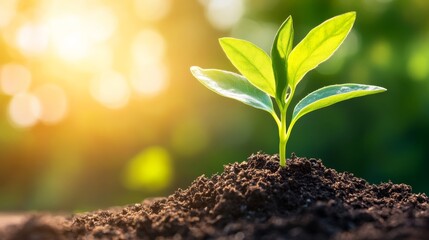 Aufkleber - A single green sprout breaks through rich dark soil as soft morning sunlight illuminates its tender leaves, symbolizing new beginnings and resilience in nature