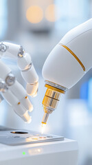 Poster - Robotic hand expertly uses precision tool in clean laboratory environment. Brightly lit workspace enhances focus on innovation and automation. Concept of robotics, engineering, technology
