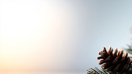 Poster - A pine cone sits on a vibrant fir branch surrounded by tiny snowflakes, creating a serene winter atmosphere against a gradient light backdrop