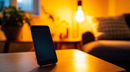Aufkleber - A smartphone rests on a wooden side table next to an inviting armchair, illuminated by warm lamp light that enhances the room's cozy atmosphere