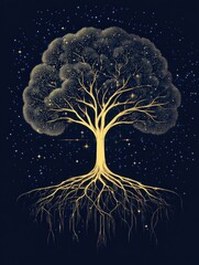 Leinwandbilder - Tree with roots resembling a neural network symbolizes organic intelligence and interconnectedness in nature and technology