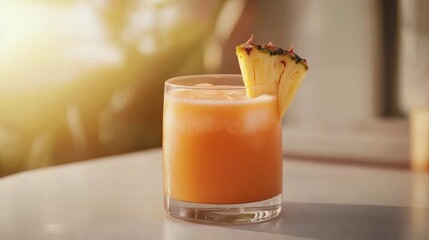 Aufkleber - Clear glass filled with fresh pineapple juice features a slice on the rim, positioned on a white table with soft tropical decor in the background