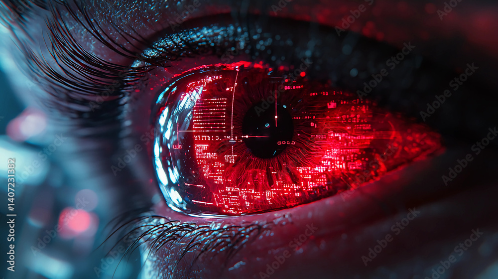 Matrix Eye Scanner Cyber eye scanning data in red matrix surveillance, high-tech visuals ...