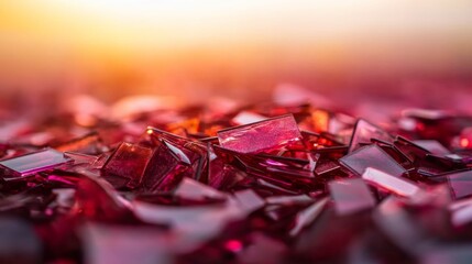 Poster - This macro composition captures holographic glass shards arranged on a soft white background, reflecting vibrant pink and purple hues in a magical way