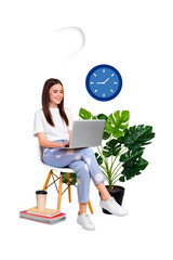 Poster - Magazine template collage of freelancer lady work on netbook in remote home office writing project business concept