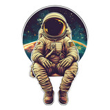 A stylized illustration of an astronaut sitting in space,  contemplating the earth and cosmos.