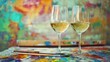 © Julia - art and wine night promotional banner with paintbrushes wine glasses and colorful splatters to advertise summer painting and wine events  summer sip and paint