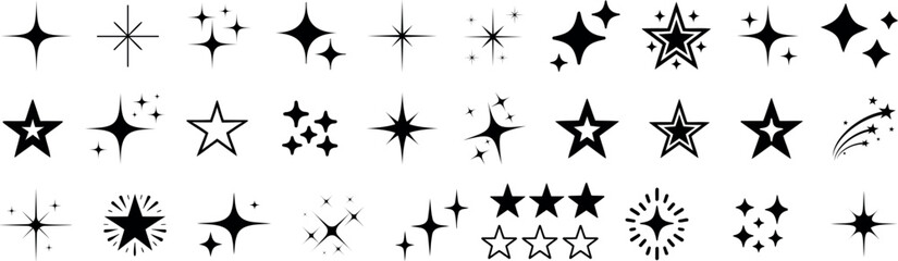 Wall Mural - twinkle star icon set featuring black starburst, sparkle, glow, and shining elements. perfect for fe