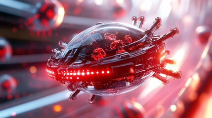 Poster - Futuristic spaceship travels through luminous red and black tunnel, displaying sleek design with energy effects. Concept of science fiction, space exploration, technology advancement