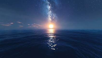 Ocean view with milky way galaxy and bright light reflecting on water.