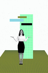 Poster - Banner creative collage of person stand near geometry shape on white khaki background