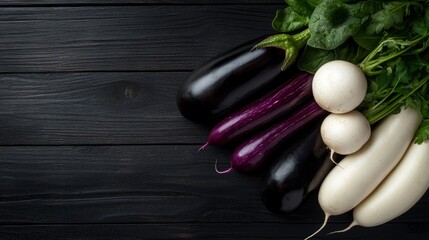 Poster - Sliced eggplant and white radish are artistically arranged among black and white vegetables on a dark wooden surface, creating an elegant display with copy space