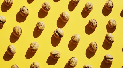 Poster - Shelled walnuts are arranged in a pattern on a bright yellow background, highlighting their textures and shapes with space for more elements