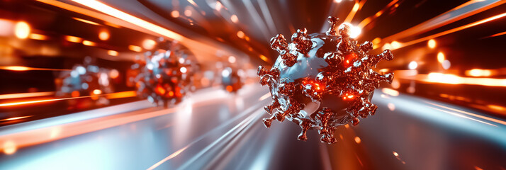 Poster - 3D illustration of viruses in rapid motion with vibrant bursts of light creating a futuristic atmosphere. Concept of health sciences, medical research, biotechnology