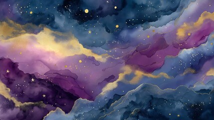 Wall Mural - serene and ethereal watercolor painting background of starry galaxy with swirling hues of purple and gold