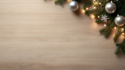 Aufkleber - A single pine branch is adorned with shimmering silver baubles and soft fairy lights, creating a festive atmosphere on a white wooden backdrop