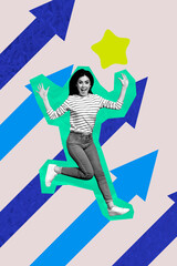 Poster - Zine creative vertical photo collage of happy businesswoman receive arrow development progress statistics best star reputation
