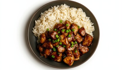 Poster - A plate features tender teriyaki chicken drizzled in glossy sauce, accompanied by fluffy steamed rice and topped with fresh green onions, perfect for dinner