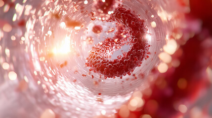 Poster - Abstract visualization showcases swirling red cells in dynamic motion, surrounded by luminous particles. This concept fits industries focused on biology, healthcare, and research innovation