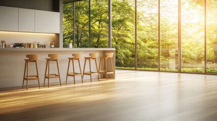 Aufkleber - Bright and spacious kitchen showcases minimalist decor, large white island with wooden barstools, polished floors, and sunlight pouring in from tall windows