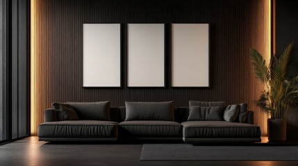 Poster - A sleek living room showcases a minimalist sofa and empty white frames on the wall, enhanced by warm lighting for a contemporary artistic atmosphere