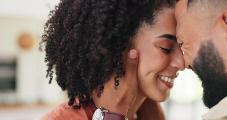 Poster - Happy couple, face and love with affection, support or care in embrace, romance or forehead at home. Closeup of man and woman with smile or touch for healthy relationship, bonding or romantic moment