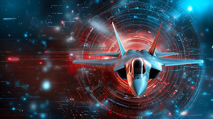 Poster - Futuristic jet fighter in digital landscape virtual environment high-tech concept cybernetic viewpoint