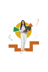 Poster - Collage image of smiling charming woman office worker presenting successful financial statistics diagram isolated on white background