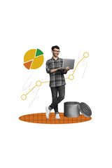 Poster - Collage vertical template artwork young business maker create startups more money graphic up analyzing laptop isolated on grey background