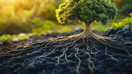 Fototapete - Tree with roots resembling neural network representing organic intelligence in a lush environment during golden hour