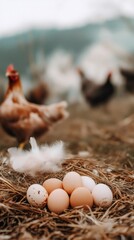 Poster - Fresh, organic chicken eggs rest in a cozy hay nest, adorned with soft white feathers, while hens roam freely in the background of a backyard coop, embodying the essence of farm fresh goodness