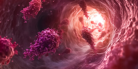 Poster - Cells navigating through a colorful biological tunnel with dynamic movement. Intricate details demonstrate cellular interaction in a microscopic environment