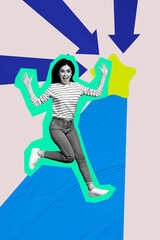 Poster - Zine creative vertical photo collage of happy businesswoman receive arrow development progress statistics best star reputation