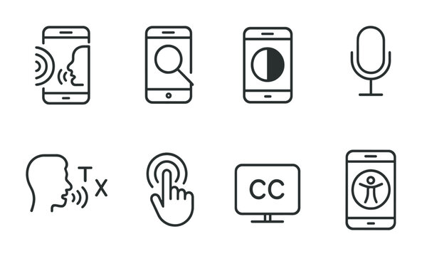 outline vector icons of phone accessibility: screen reader, magnifier, high contrast, voice control, text to speech, assistive touch, subtitles, accessibility shortcut. No text. The icons should be