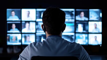 Poster - Monitoring digital security a technician analyzing multiple screens in a control room environment