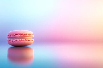 Poster - A single macaron floats elegantly, showcasing its vivid colors reflected delicately on a shiny surface, complemented by a softly blurred pastel gradient backdrop