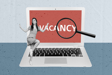 Poster - Creative picture collage of person stand on gadget with vacancy text over blue background