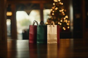 Poster - Three colorful gift bags in red, green, and gold rest on a rustic wooden table, with a softly blurred Christmas tree glowing in the background, inviting holiday cheer