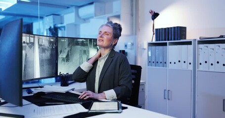 Poster - Computer screen, massage and neck pain with woman in CCTV control room for safety or security. Burnout, fatigue or injury and mature government worker at headquarters for law enforcement surveillance