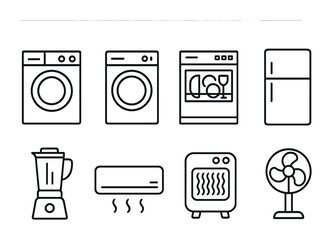 outline vector icons of home appliances: washing machine, dryer, dishwasher, fridge, blender, air conditioner, heater, fan. No text. The icons should be clean. isolated transparent background. Line
