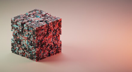 Poster - Abstract 3D Cube Render:  Intricate Pixelated Structure in Teal and Red Hues